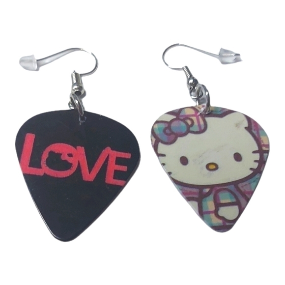 Handcrafted Hello Kitty Guitar Pick Earrings - Picture 3 of 3